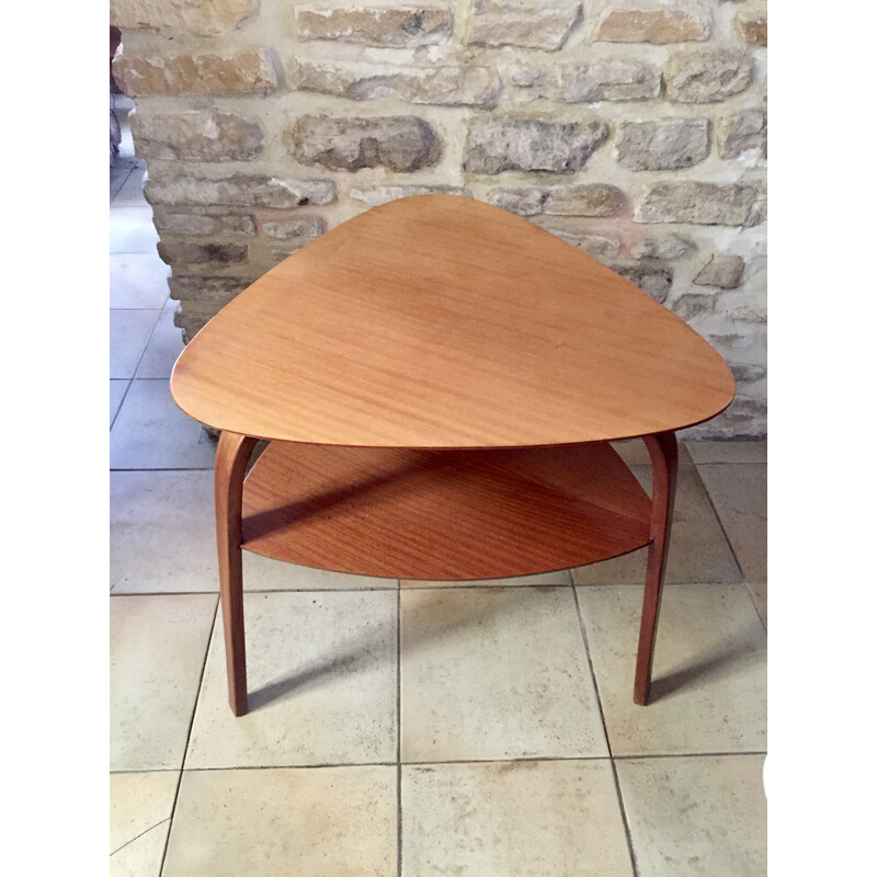 Vintage wooden Bow-wood tripod coffee table by Hughes Steiner, 1950s