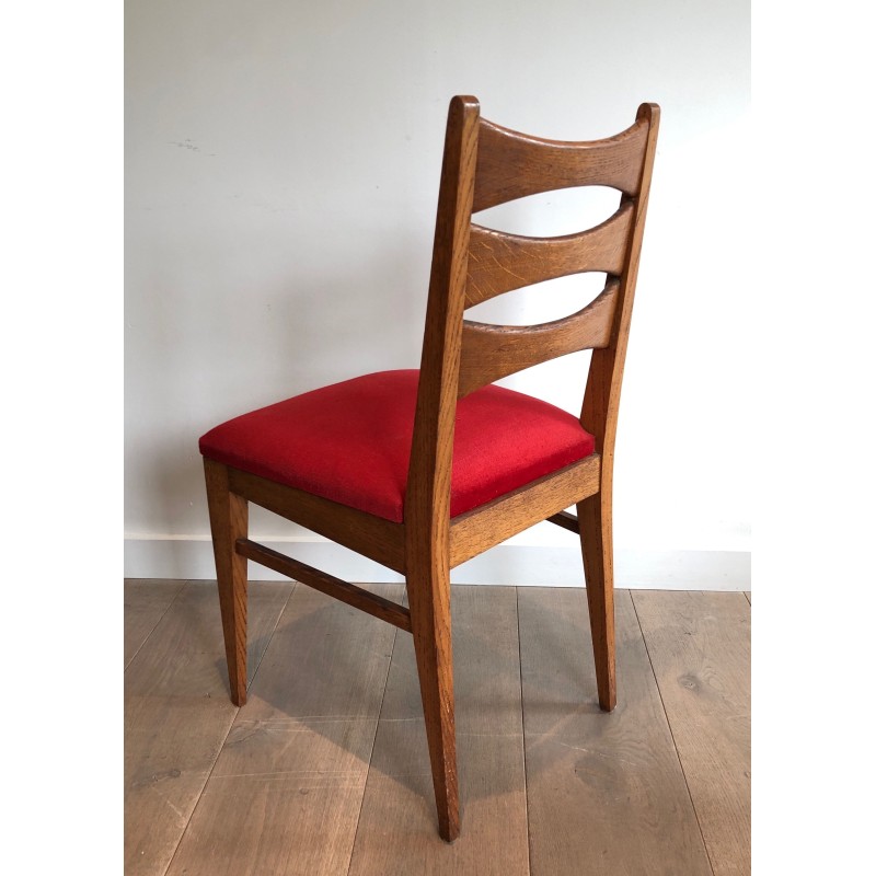 Set van 6 vintage stoelen van eikenhout en rood fluweel, Frankrijk 1940