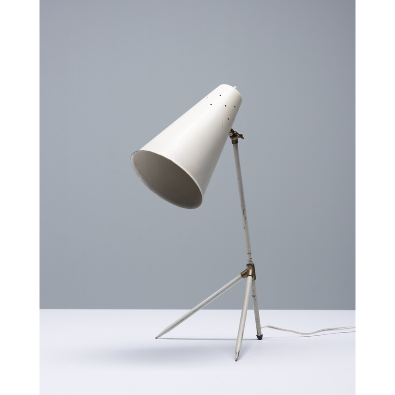 Vintage tripod desk lamp in white lacquered steel and brass, Netherlands  1950s