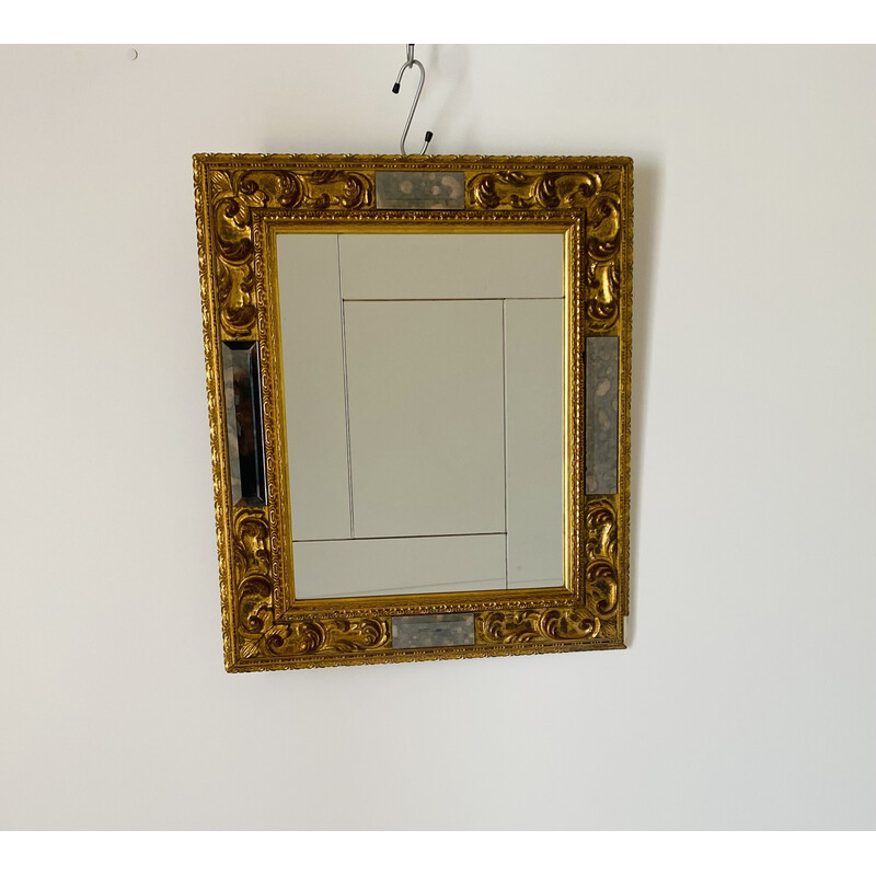 Specchio da parete italiano vintage in foglia d'oro e vetro, anni '50