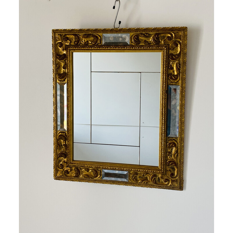 Specchio da parete italiano vintage in foglia d'oro e vetro, anni '50