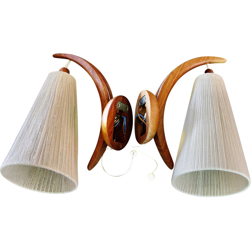 Pair of vintage teak and rope wall lamps by E.R Nele for Temde Leuchten,  Switzerland 1960s