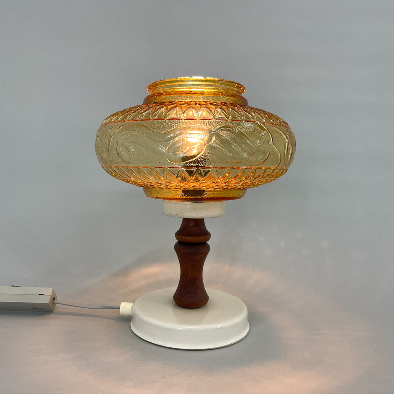 Vintage table lamp in glass and wood, Czechoslovakia 1970s