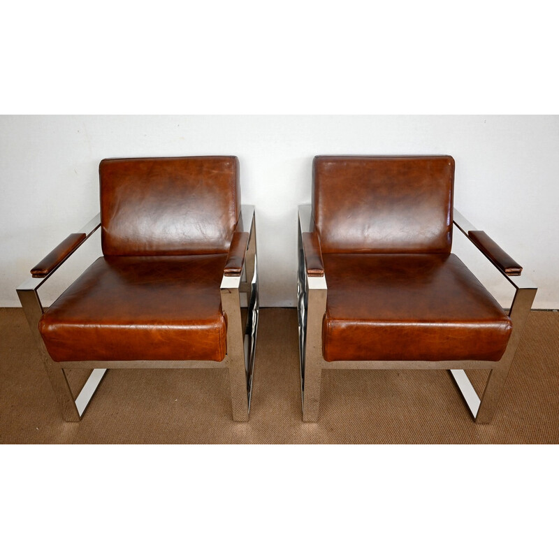 Paar Vintage-Sessel "Novatrend" aus Leder und Metall