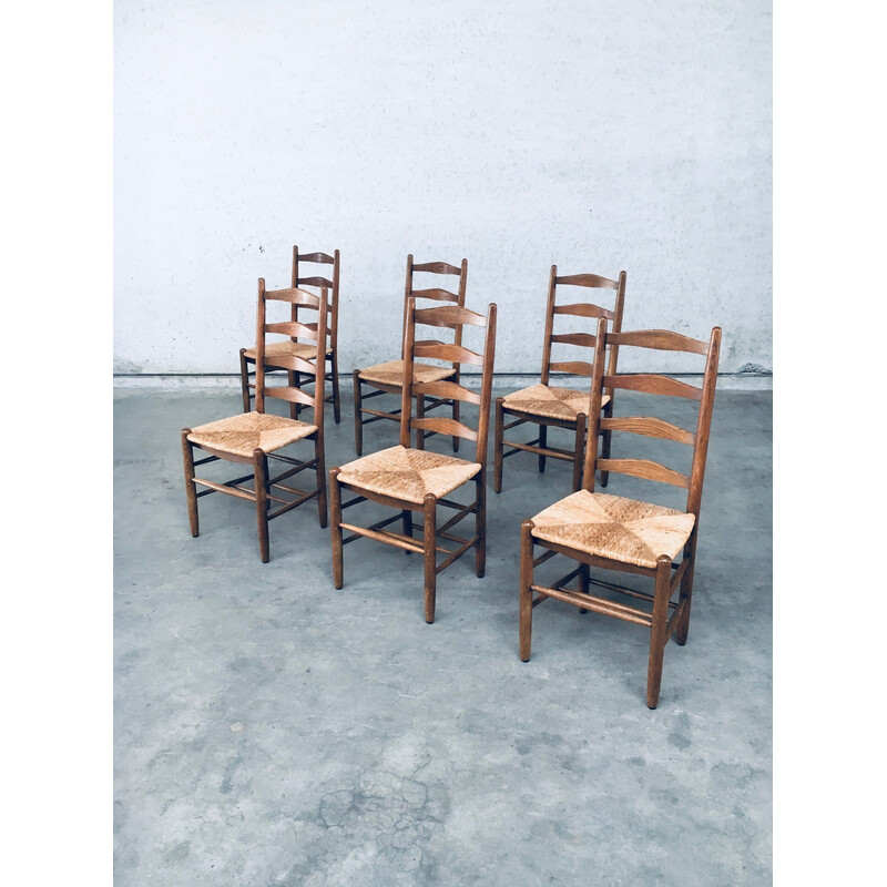 Juego de 6 sillas de comedor rústicas de madera de roble y junco, Bélgica  años 50