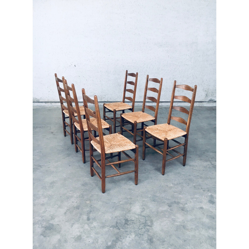 Ensemble de 6 chaises vintage rustique en bois de chêne et jonc, Belgique  1950