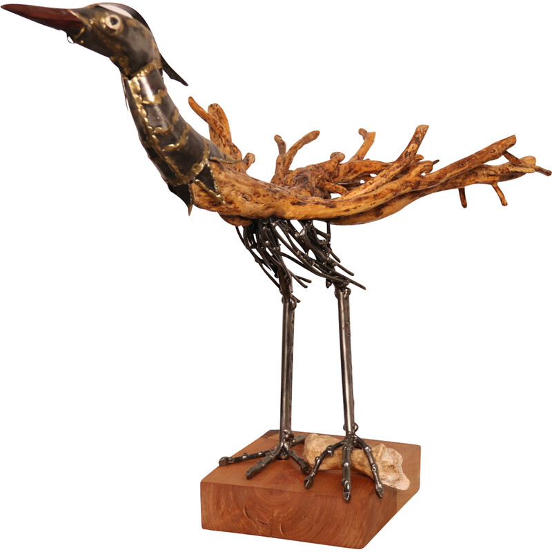 Sculpture artisanale vintage "drôle d'oiseau" en bois et métal par Louis de  Verdal, France 2022