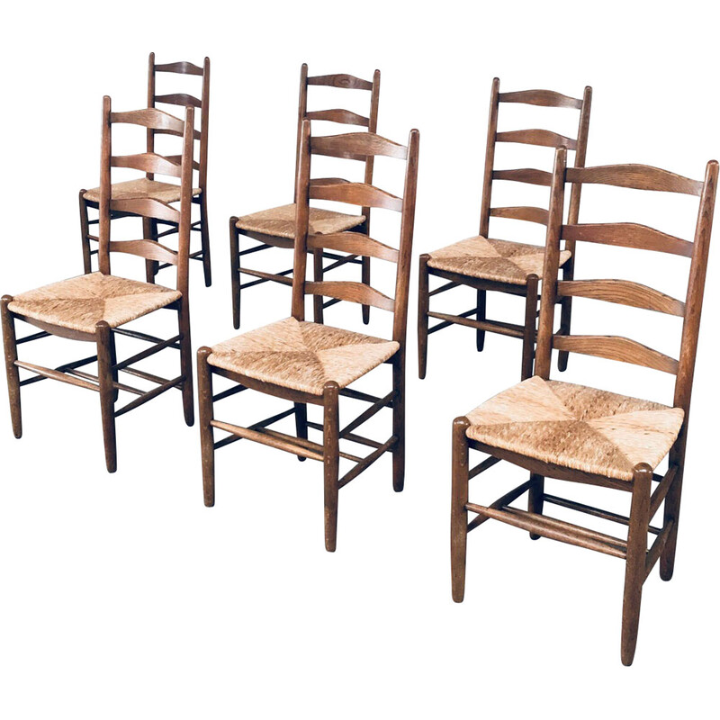 Conjunto de 6 cadeiras de madeira de carvalho rústico vintage artesanal e  cadeiras de jantar rústicas,