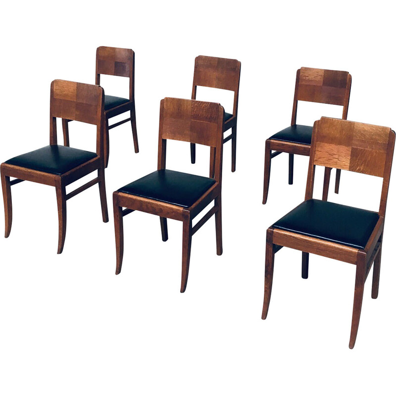 Ensemble de 6 chaises Art Déco vintage en chêne et skaï, France 1930