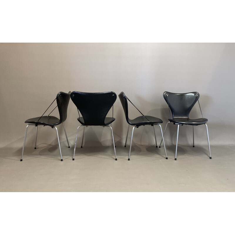 Conjunto de 4 cadeiras de couro e metal vintage de Arne Jacobsen para Fritz Hansen, 1960