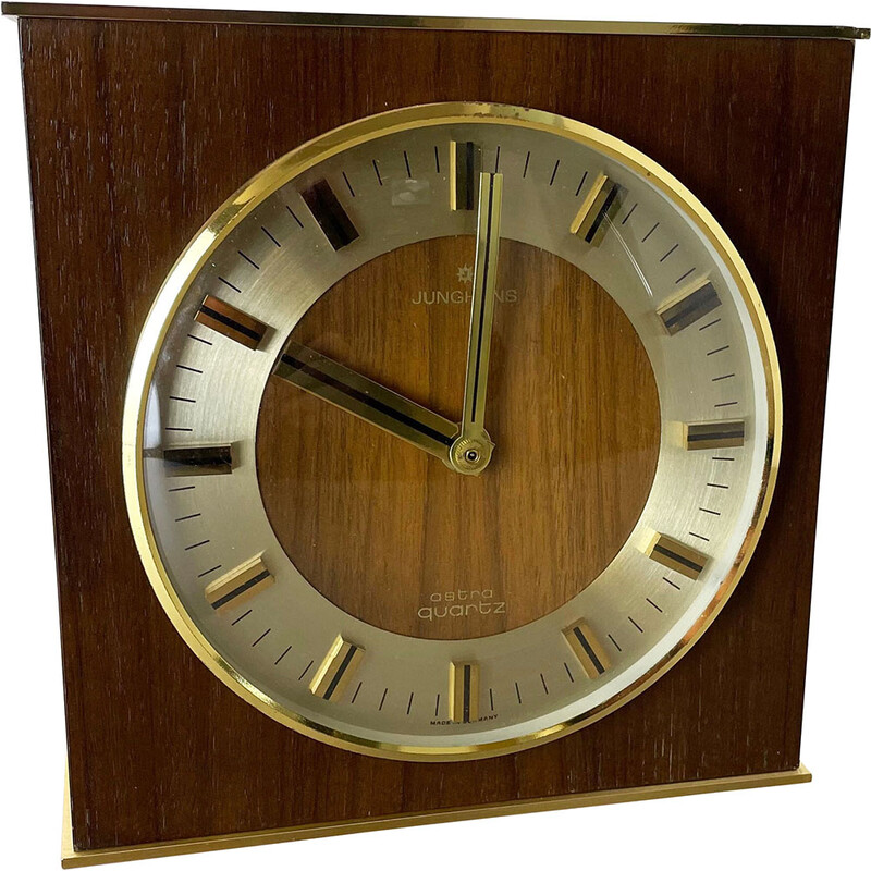 Reloj de sobremesa Vintage Hollywood Regency de latón y madera de Junghans  Astra Quartz, Alemania años