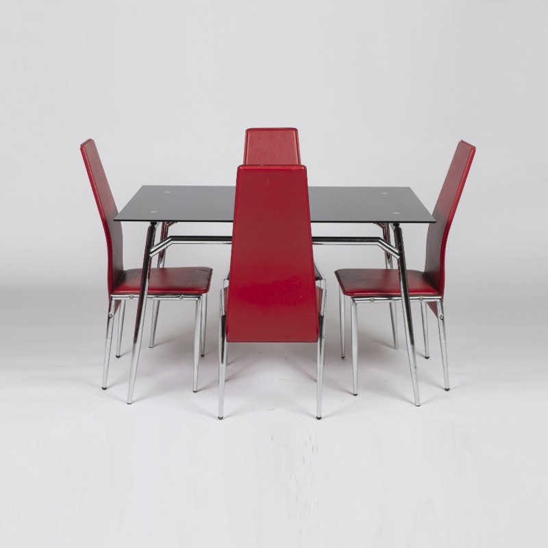 Vintage dining set in red vinyl, chrome and glass