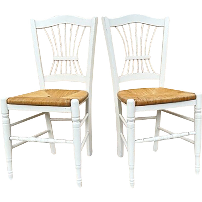 Ein Paar weiße Vintage-Stühle aus Stroh, 1980