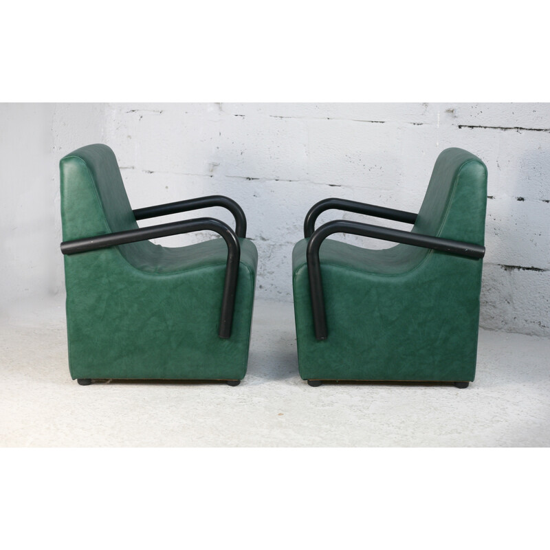 Paire de fauteuils vintage à accoudoirs en acier et simili-cuir vert, France  1980