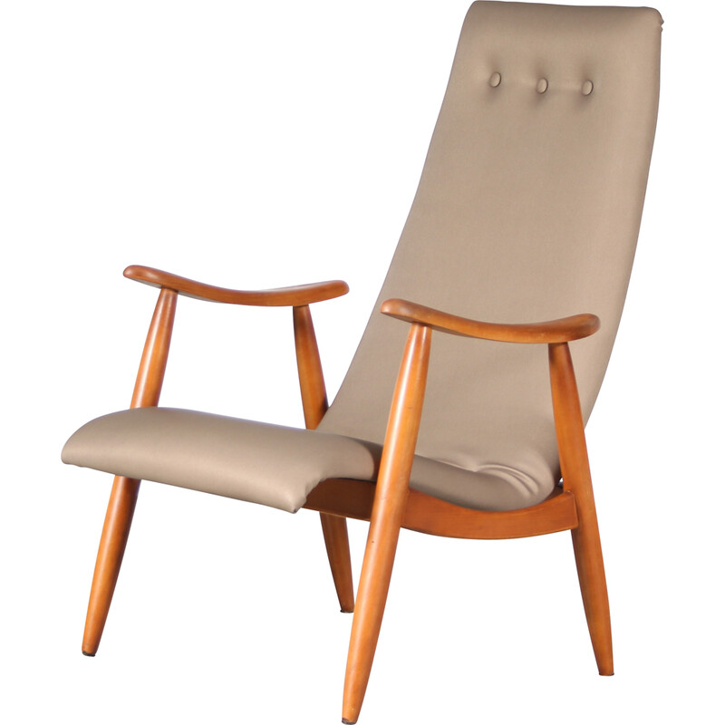 Vintage berkenhouten en stoffen lounge stoel van Louis van Teeffelen voor  Wébé, Nederland 1950