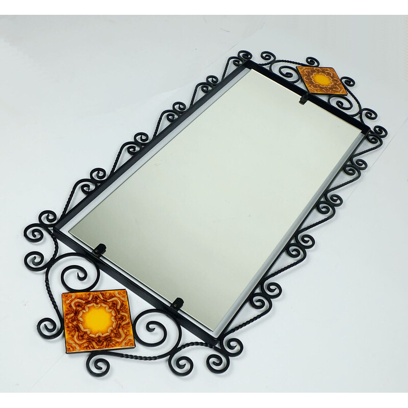 Mid century wall mirror with black wrought iron frame and ceramic, 1960s