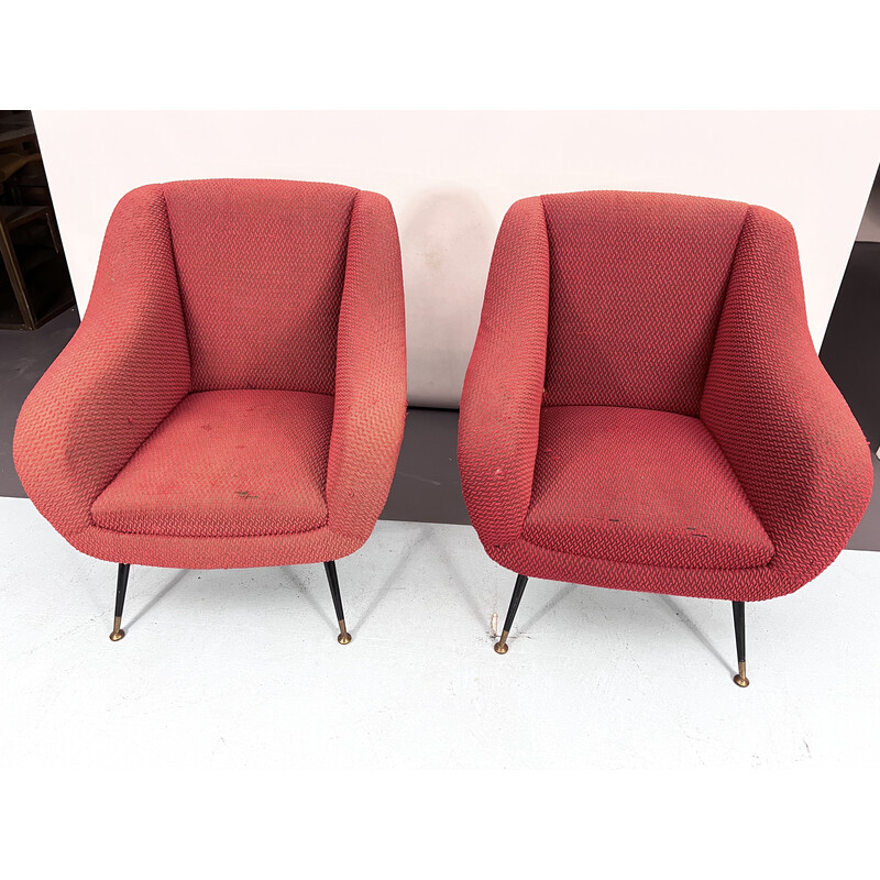 Paire de fauteuils lounge vintage en laiton et tissu par Gigi Radice pour  Minotti, Italie 1950