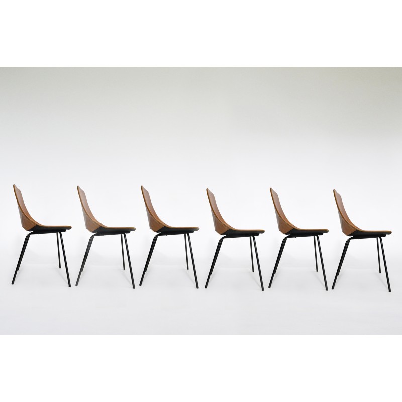 6 sedie Tonneau vintage in pelle marrone e metallo di Pierre Guariche per  Maison du Monde