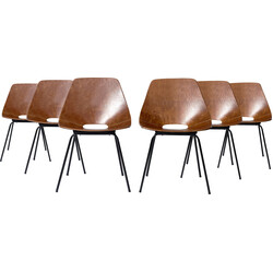 6 chaises vintage Tonneau en cuir brun et métal par Pierre Guariche pour Maison  du Monde