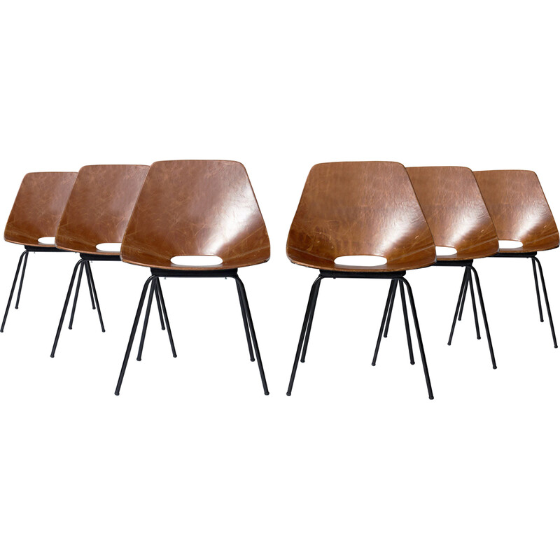 6 chaises vintage Tonneau en cuir brun et métal par Pierre Guariche pour  Maison du Monde