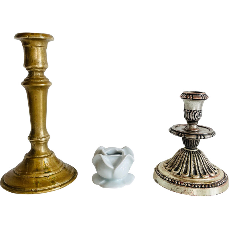Set of 3 vintage porcelain and brass candlesticks