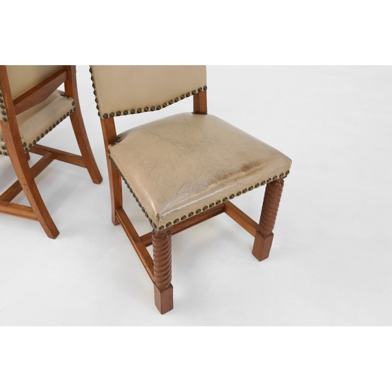 Juego de 8 sillas de comedor Art Decó de época en madera de roble y cuero,