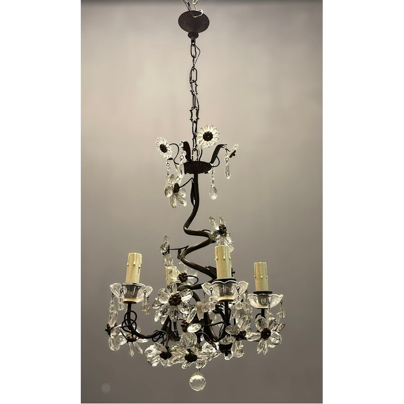 Vintage flower chandelier in crystal by Maison Bagues, 1940s