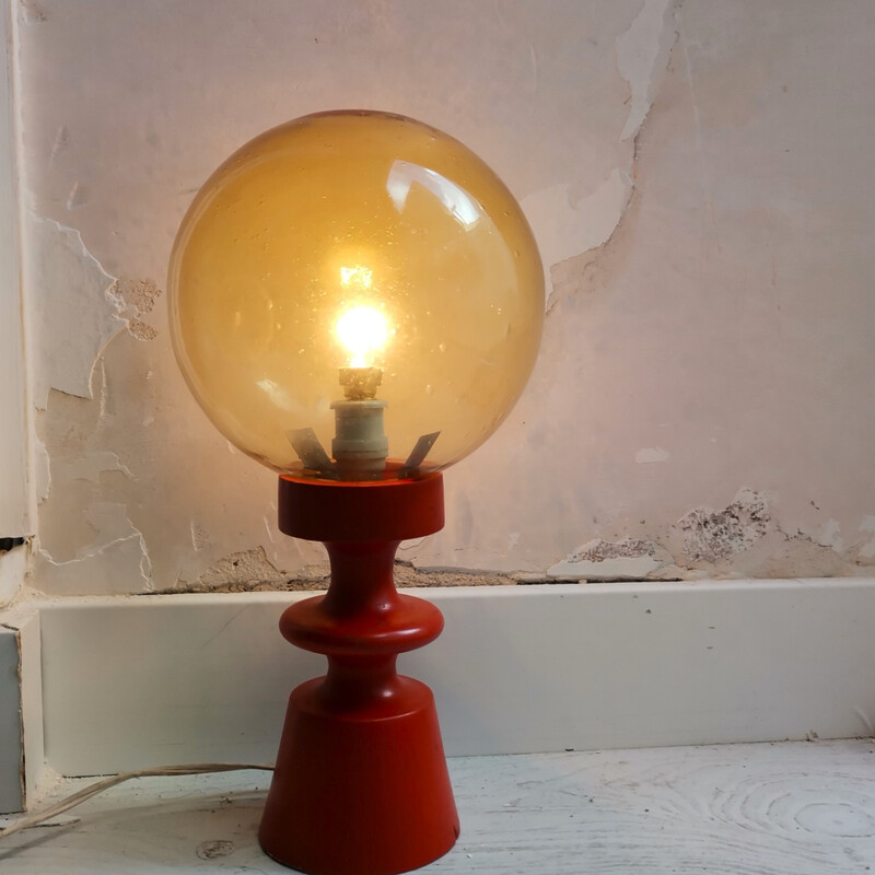 Lampe de chevet portugaise vintage en bois orange et verre bulle ambré, 1960