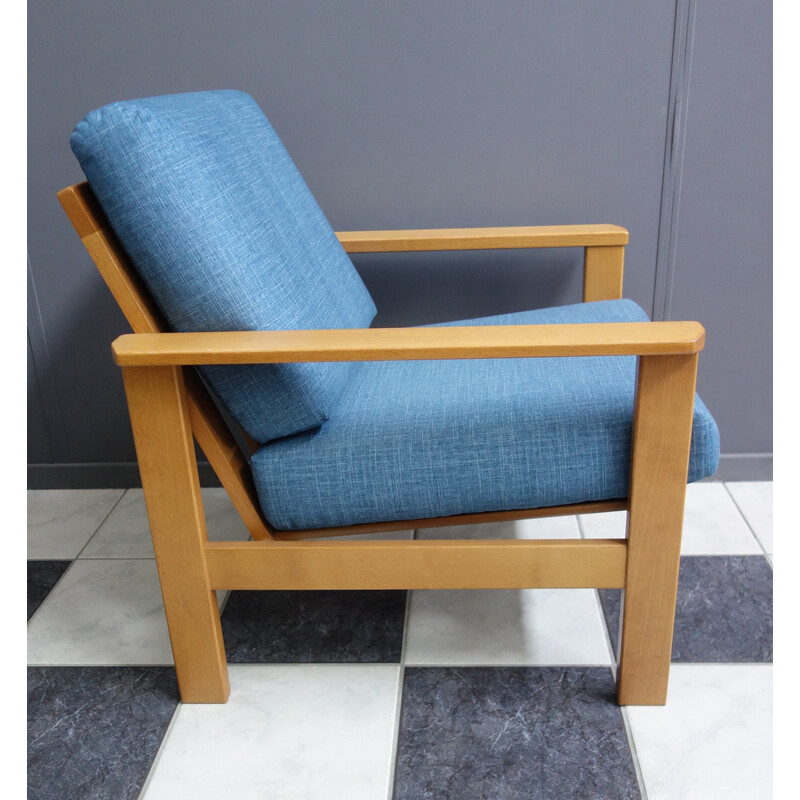 Sessel aus blauem Stoff mit blondem Holzgestell, 1960er Jahre