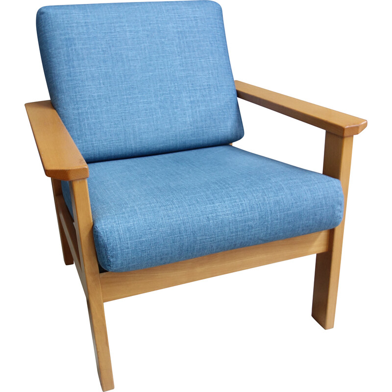 Vintage blauwe stoffen fauteuil in blond houten frame, 1960