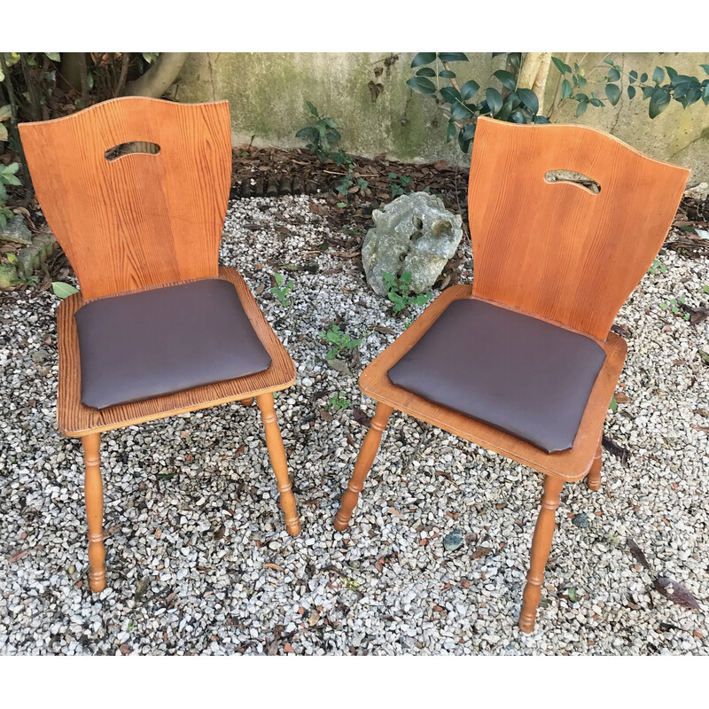 Paire de chaises vintage en bois et skai marron, 1970