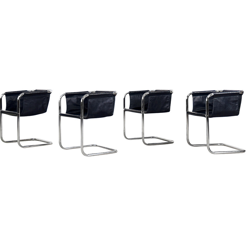 4er-Set deutscher Bauhaus-Sessel aus verchromtem Stahlrohr und marineblauem  Leder, 1960er Jahre