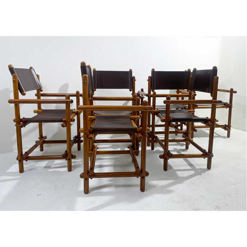 Set van 6 mid-eeuwse Italiaanse stoelen van hout en leer, 1960