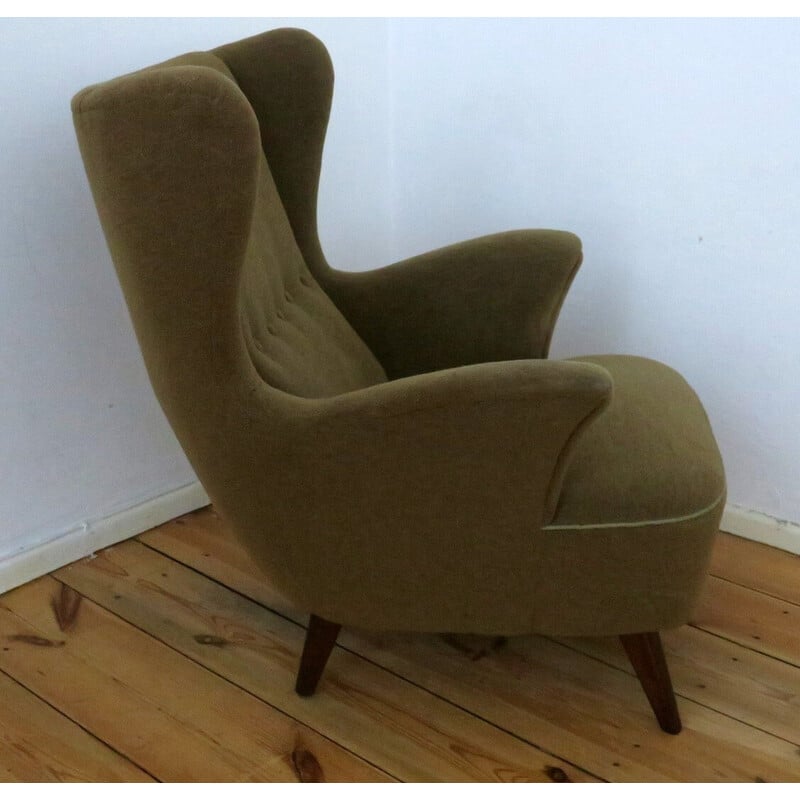 Vintage lounge chair in olive green mohair, Denmark 1950-1960s