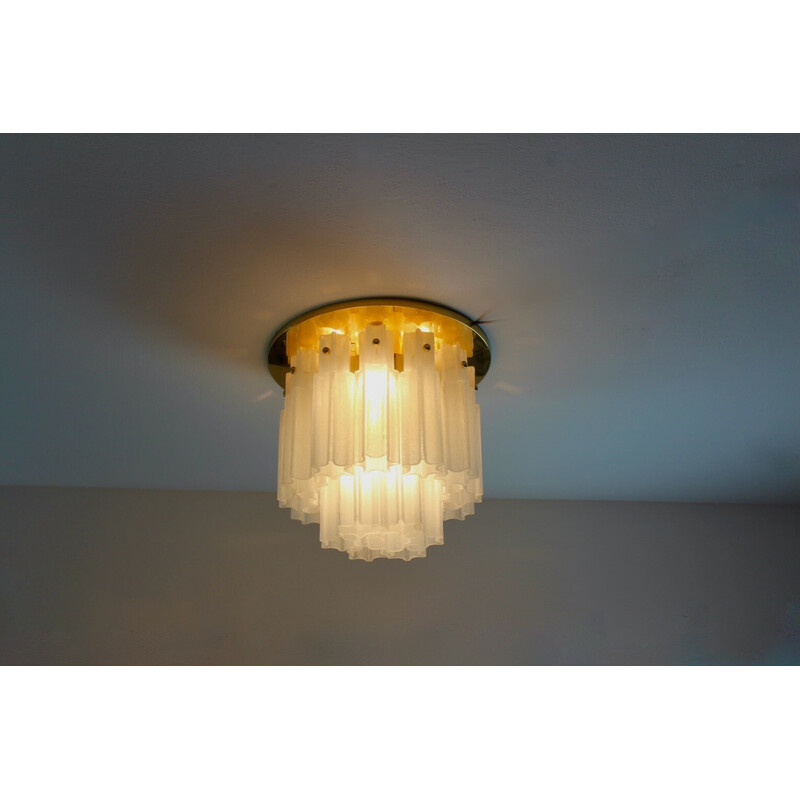 Lampada da soffitto vintage in vetro satinato e ottone per Glashütte Limburg