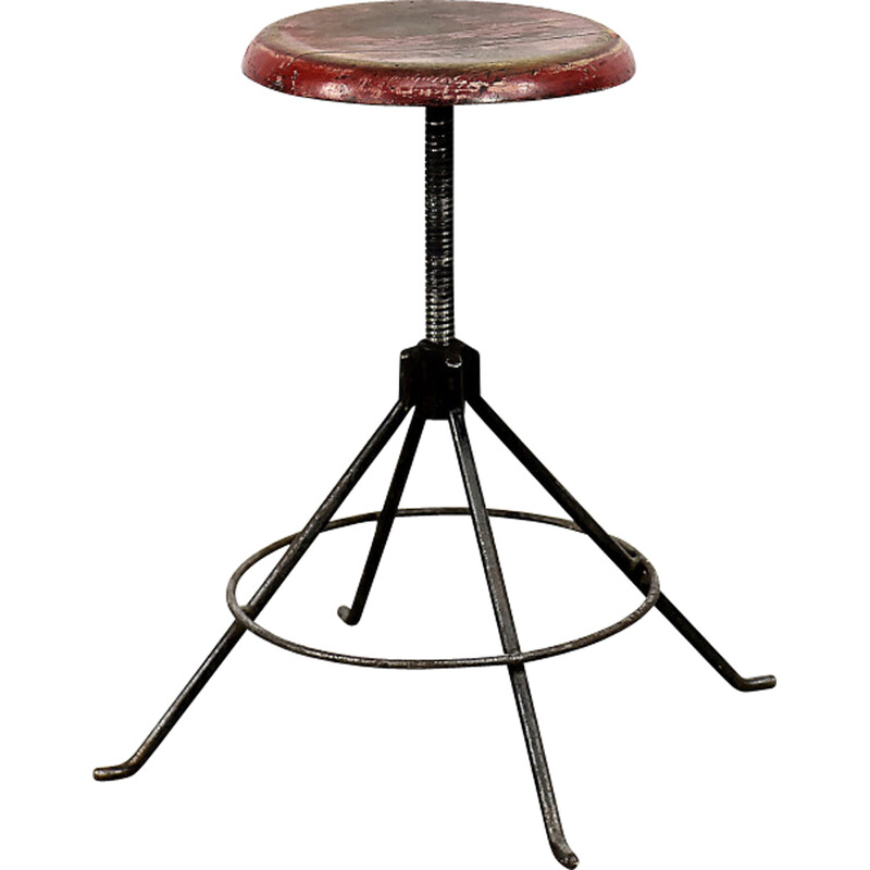 Vintage industrial metal and wood swivel stool, Poland 1950s
