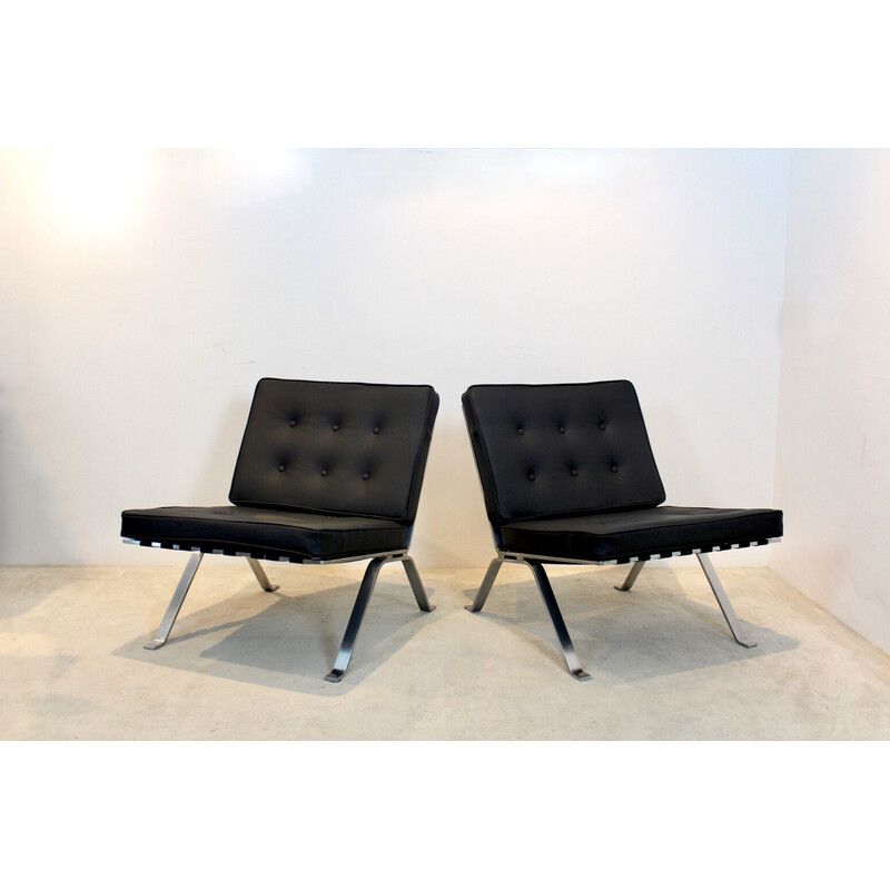 Pair of vintage leather and stainless steel lounge chairs by Hans  Eichenberger for Girsberger, Switzerland 1960s