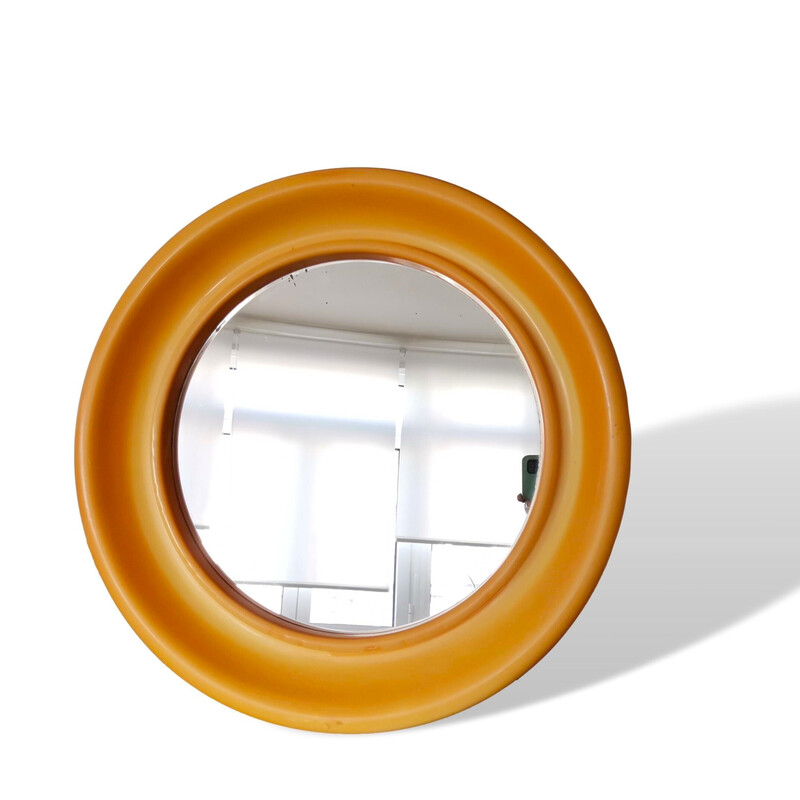 Espejo de baño minimalista vintage redondo de plástico amarillo, años 70