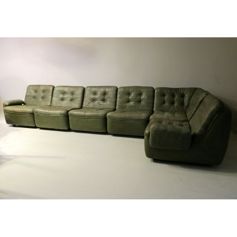 Conjunto modular de sofá em pele verde azeitona Vintage, 1970s