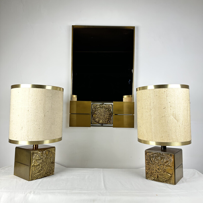 Ensemble de miroir et deux lampes de table vintage par Luciano Frigerio
