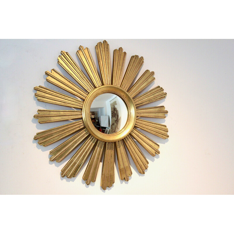 Miroir convexe vintage en bois doré, France 1950