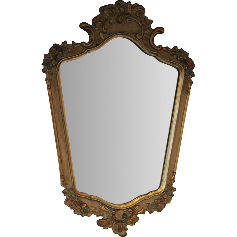 Espelho Vintage em madeira dourada e decoração policromada