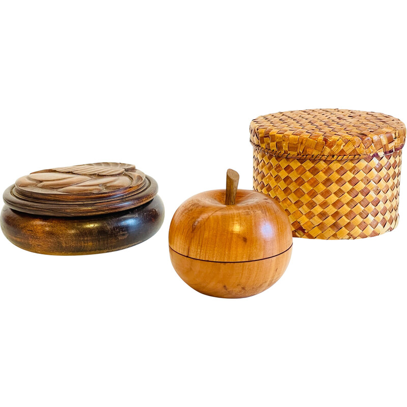Set aus 3 Vintage-Boxen aus Holz und Stroh