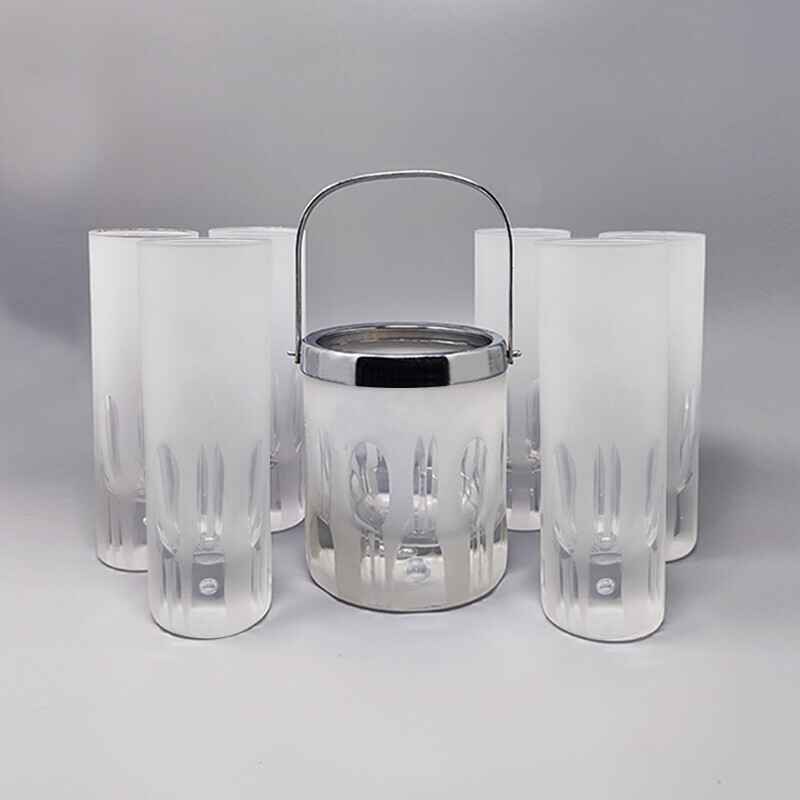 Seau à glace vintage avec 6 verres en cristal de plomb par Kristal, Italie  1960