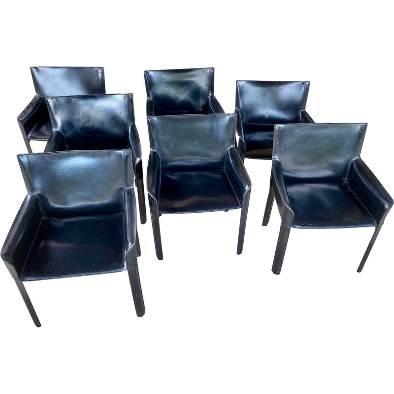 Set van 7 vintage zwart lederen fauteuils van Couro Brasil