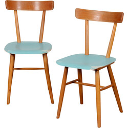 Pair of vintage blue wooden chairs by Ton, 1960s