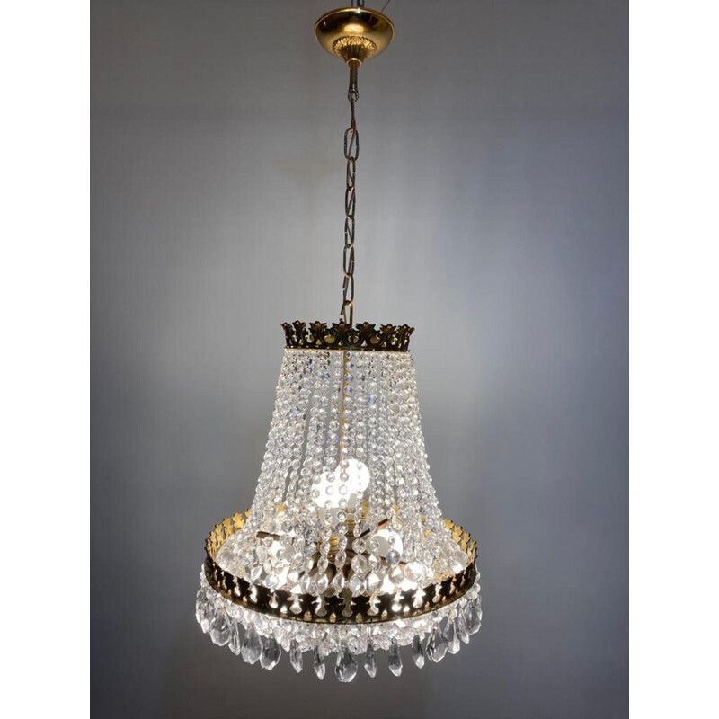 vintage Spanish brass chandelier, waterfall tiered glass prisms chandelier