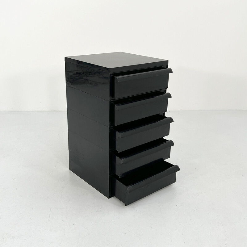 Cassettiera vintage in plastica nera di Simon Fussell per Kartell, anni '70