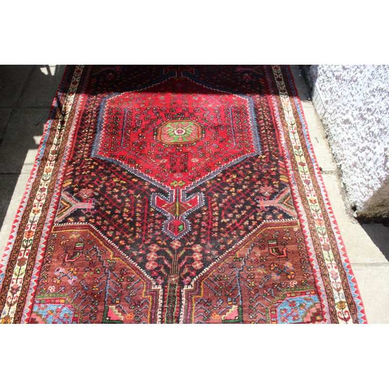 Tapis persan floral vintage médaillon rouge fait main