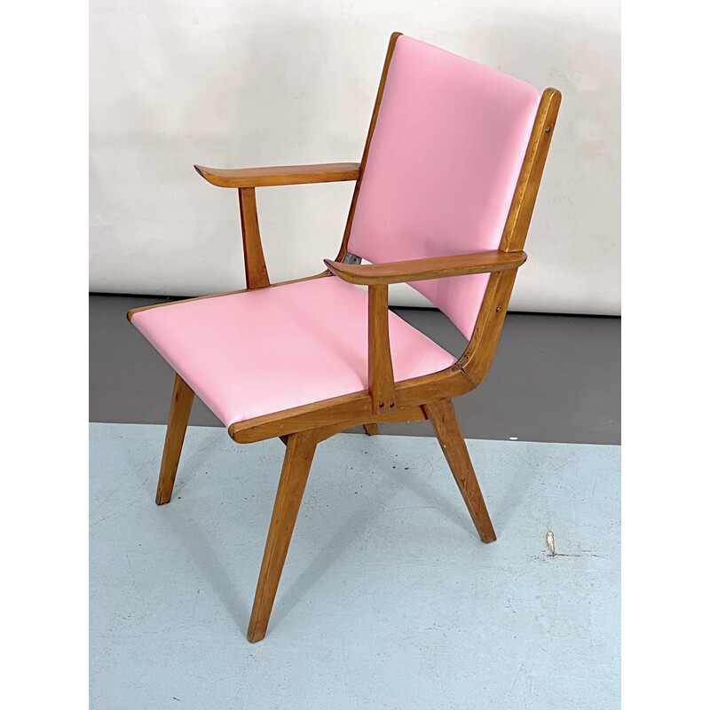 Chaise d'appoint italienne vintage en bois et simili cuir rose, Italie 1950